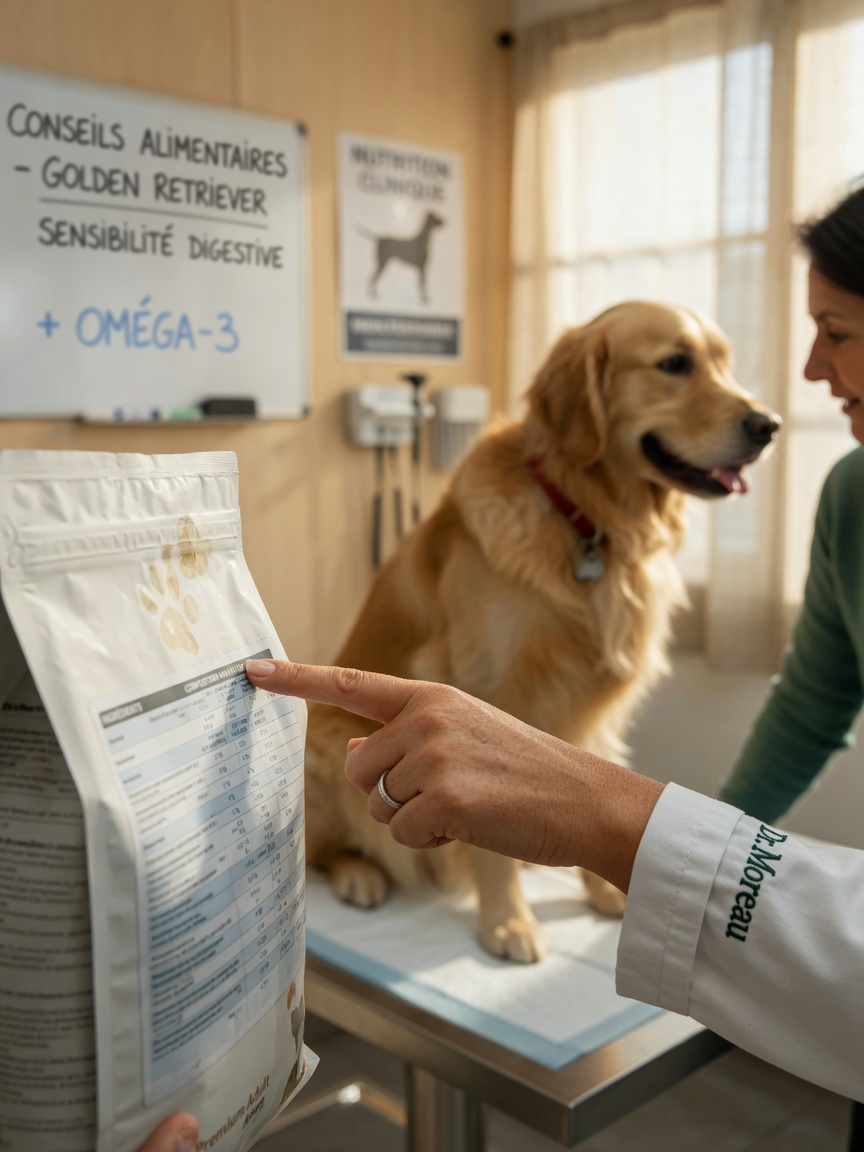 Veterinarian pointing to dog food label information during a consultation, with a healthy dog visible on the exam table in background.