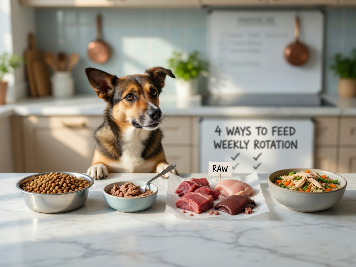 Four different types of dog food displayed on a kitchen counter: dry kibble, wet canned food, raw meat portions, and home-cooked meal, with a healthy dog watching nearby.