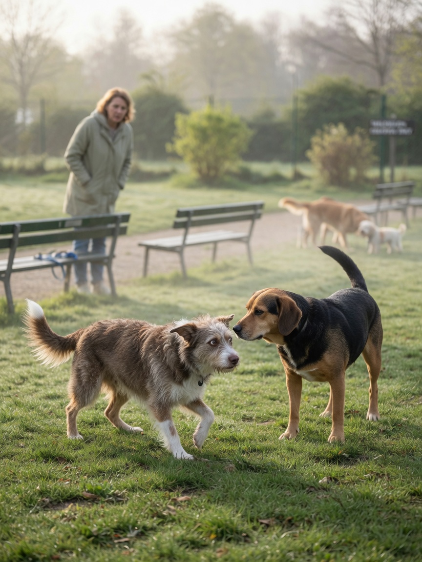 A nervous dog meeting another dog during a quiet time at the park