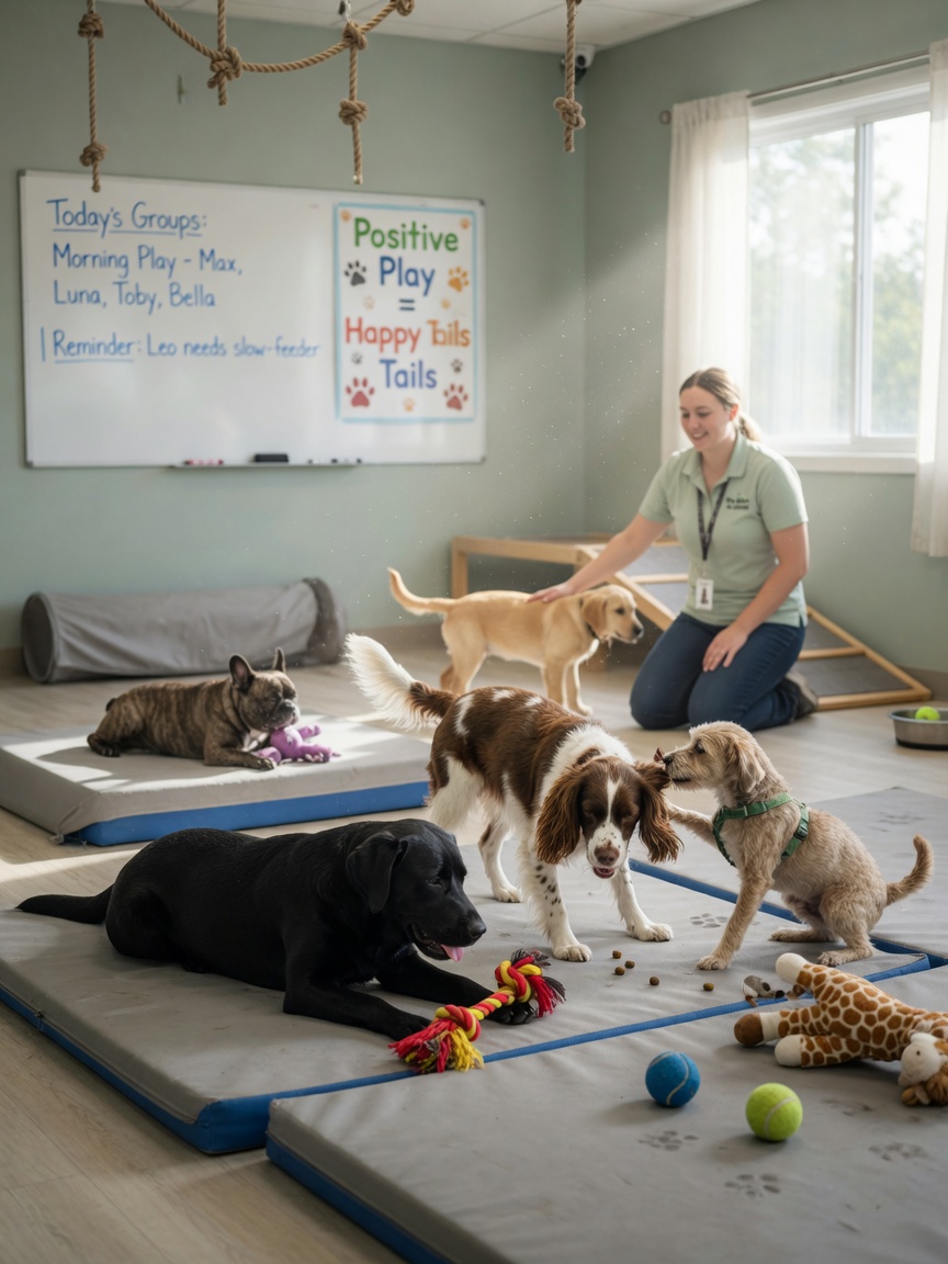 Multiple dogs playing together in a supervised professional daycare facility with staff monitoring