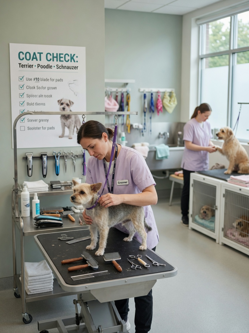 Clean, professional grooming salon with organized equipment and staff interaction with dogs
