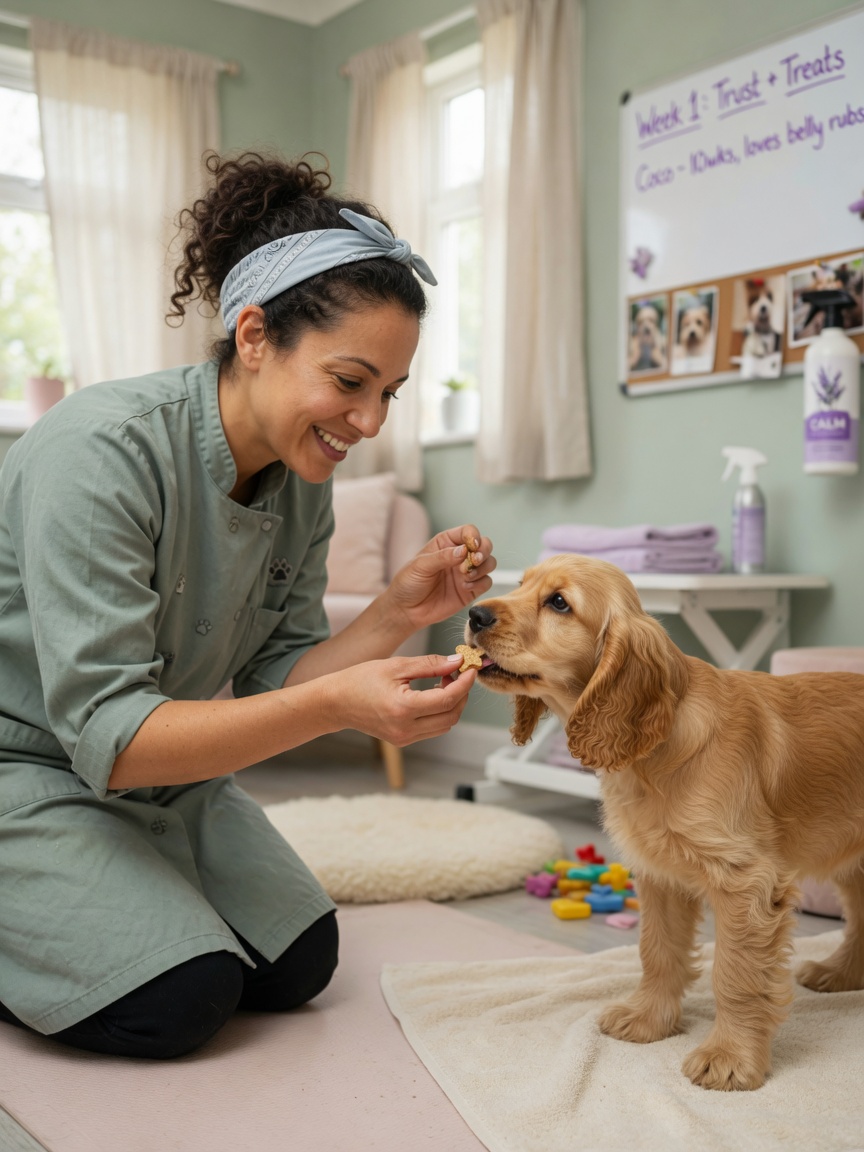 Groomer building trust with a young Cocker Spaniel during an introductory meeting
