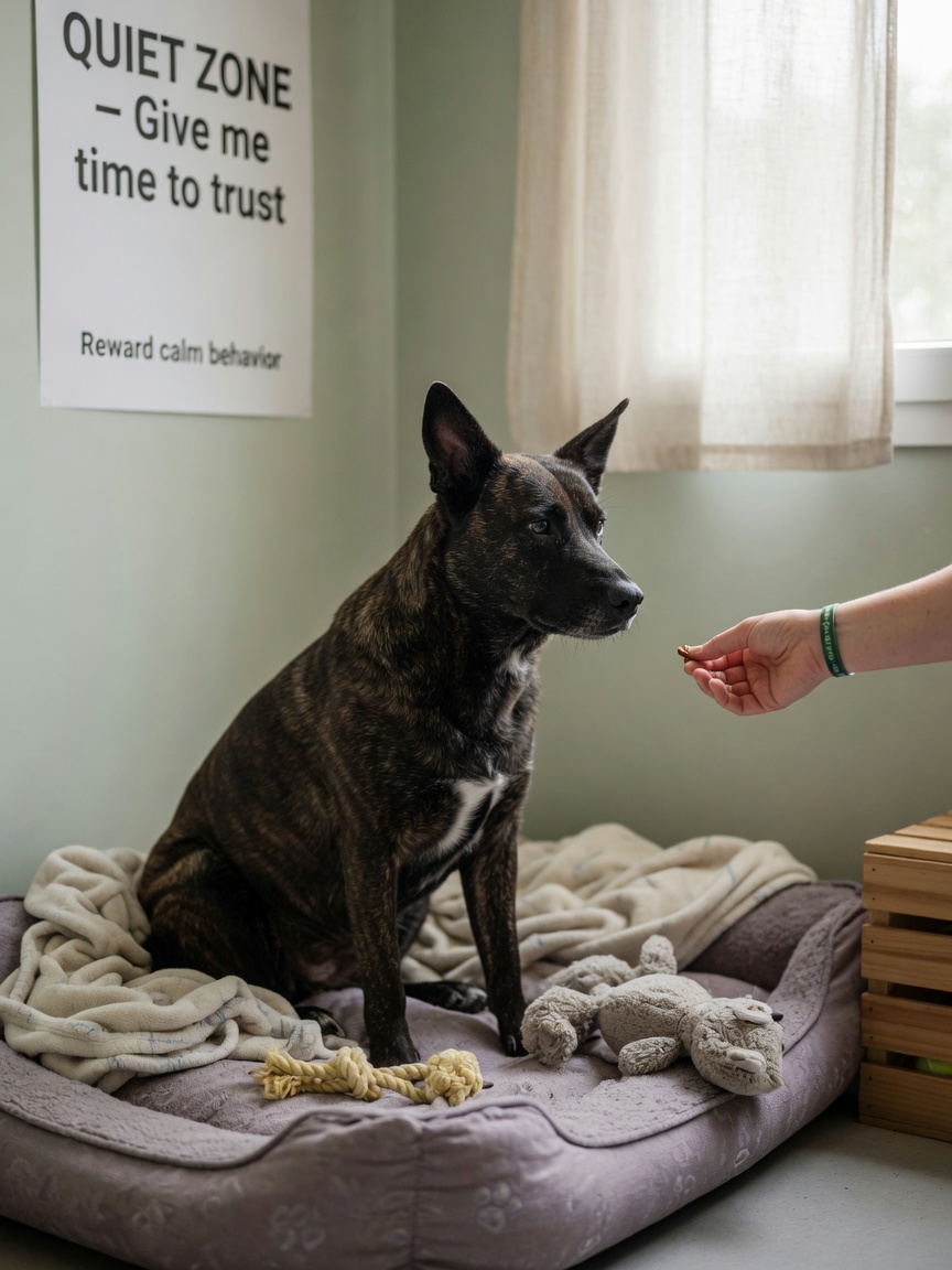 A rescue dog settling into its quiet corner space with blankets and toys as a foster parent gently offers a treat during the critical adjustment period