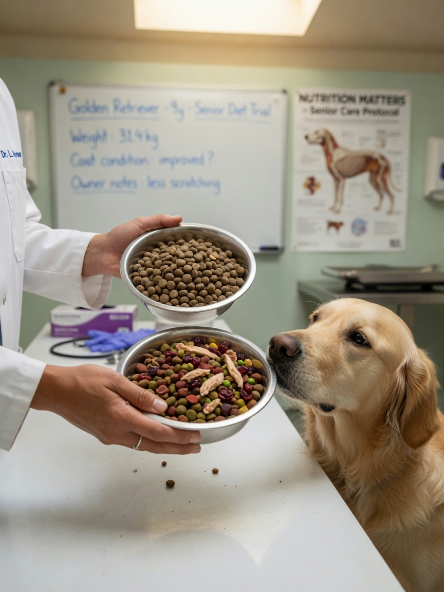 Tierarzt zeigt einem Golden Retriever zwei verschiedene Hundefutter-Schüsseln während einer Fütterungswechsel-Beratung