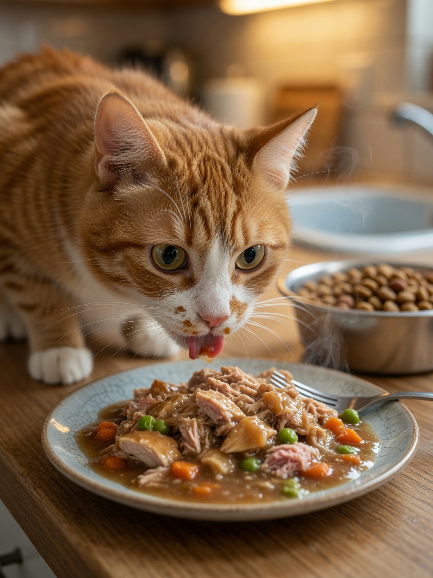 Gato naranja y blanco comiendo entusiasmado pienso húmedo, demostrando mayor hidratación con cambio de dieta