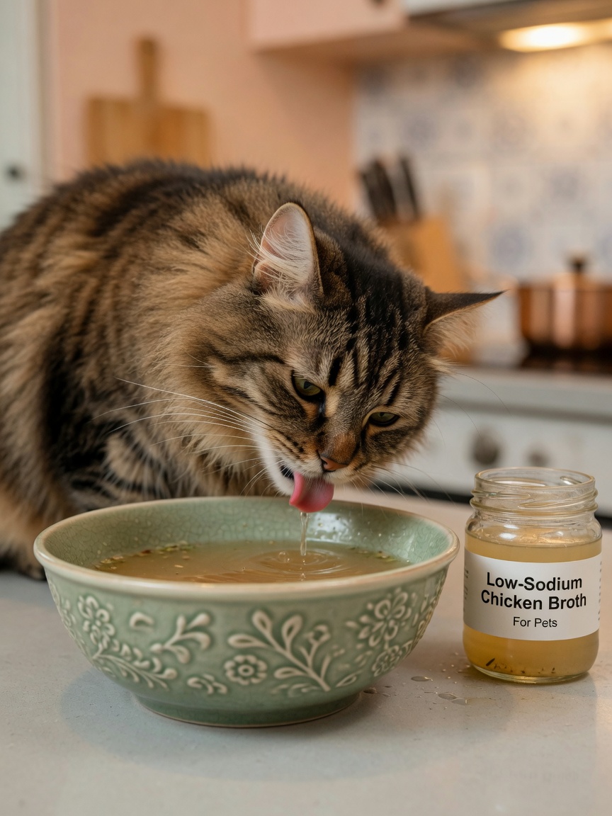 Gato gris atigrado bebiendo de agua con sabor a caldo con frasco de caldo de pollo cercano