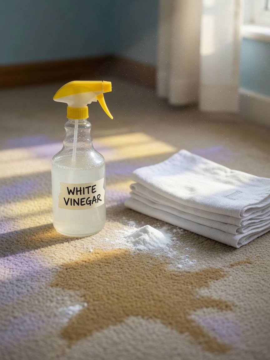 Spray bottle of vinegar solution and baking soda arranged on stained carpet with white towels, natural window light