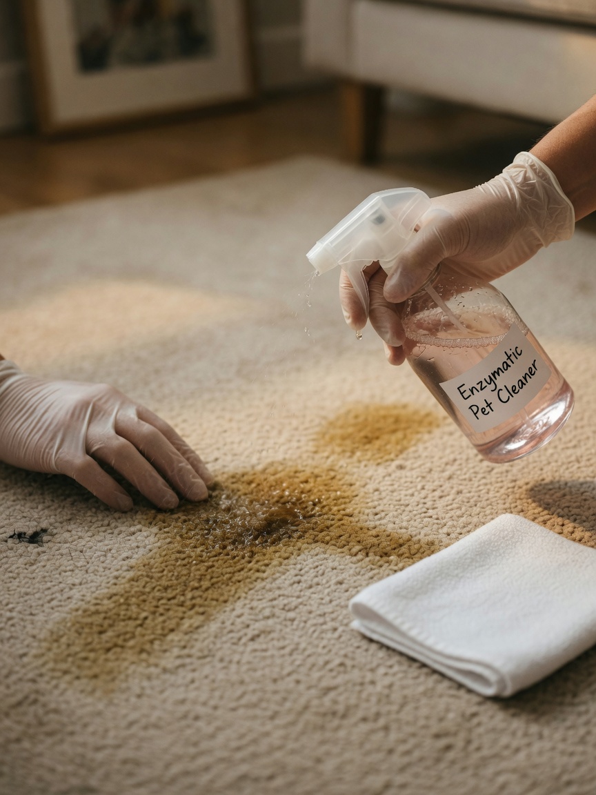 Enzymatic cleaner being sprayed onto carpet stain with spray bottle