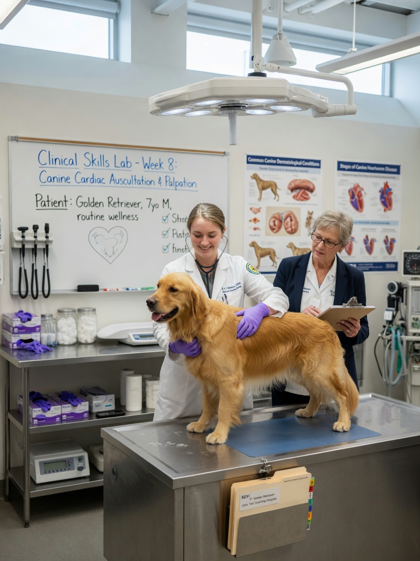 Teaching clinic at a veterinary school with qualified vet supervising student examination of a golden retriever