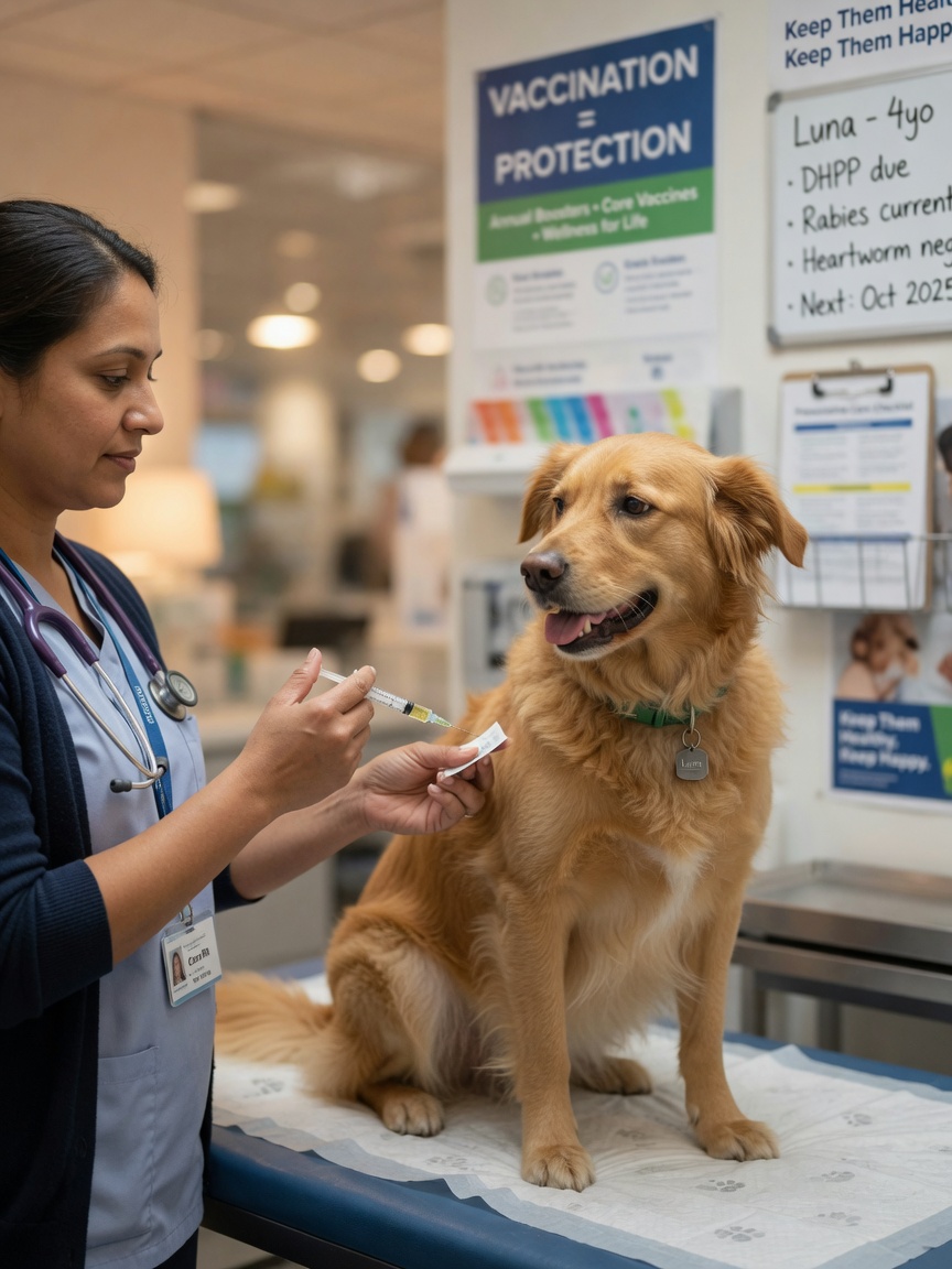 Veterinary nurse administering a preventative vaccination to a calm dog during routine health check