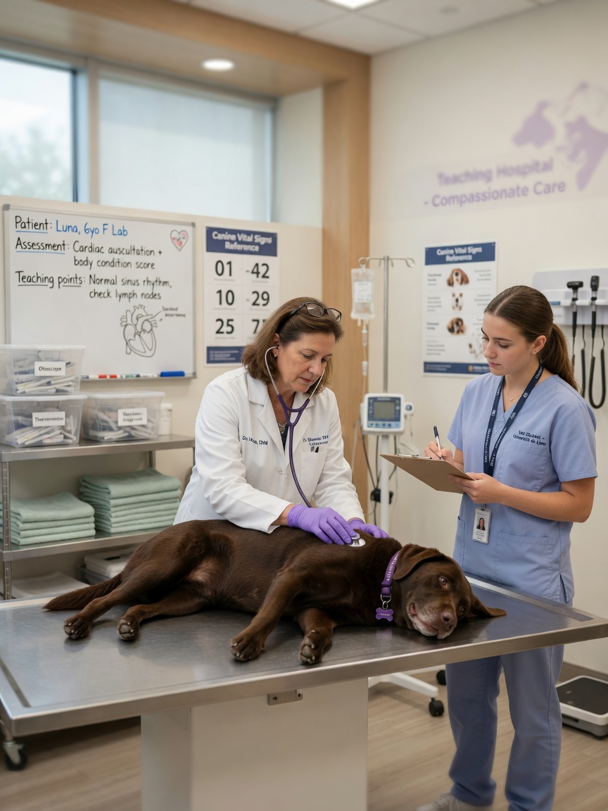 Veterinarian examining brown Labrador on examination table with veterinary student observing in modern teaching hospital