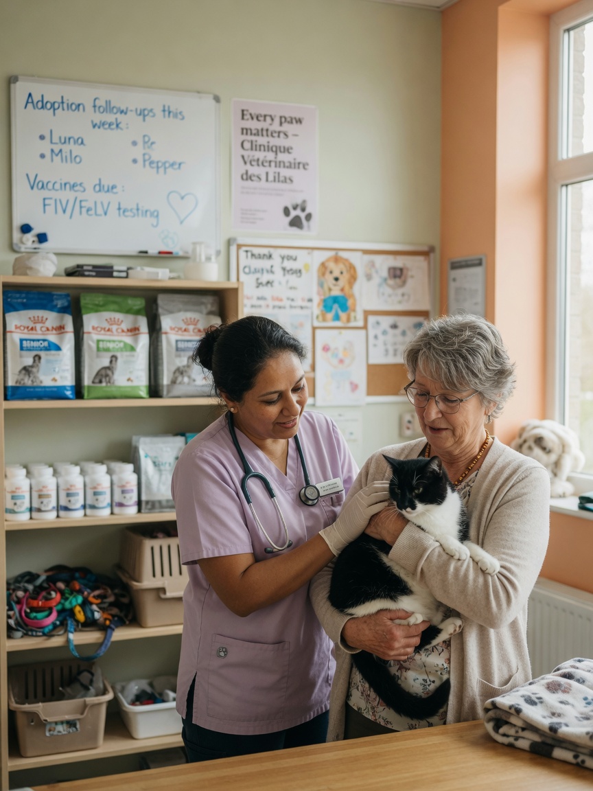 Veterinarian examining black and white cat held by elderly woman in welcoming animal shelter clinic