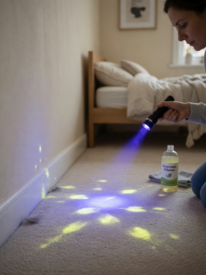 UV blacklight revealing cat urine stains on carpet with enzymatic cleaner bottle ready for treatment