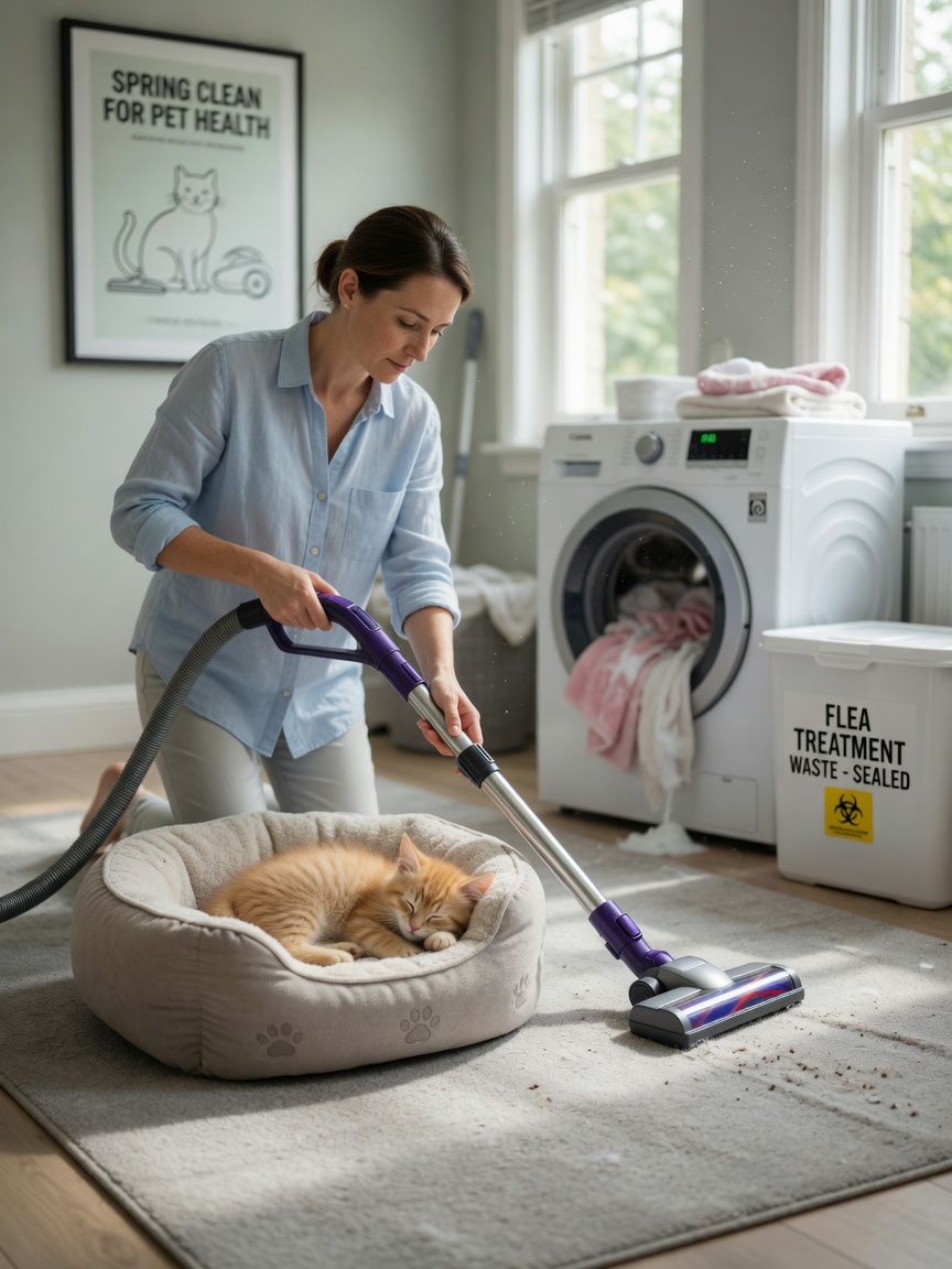 Homeowner vacuuming living room carpet while kitten rests in nearby bed, with washing machine running in background