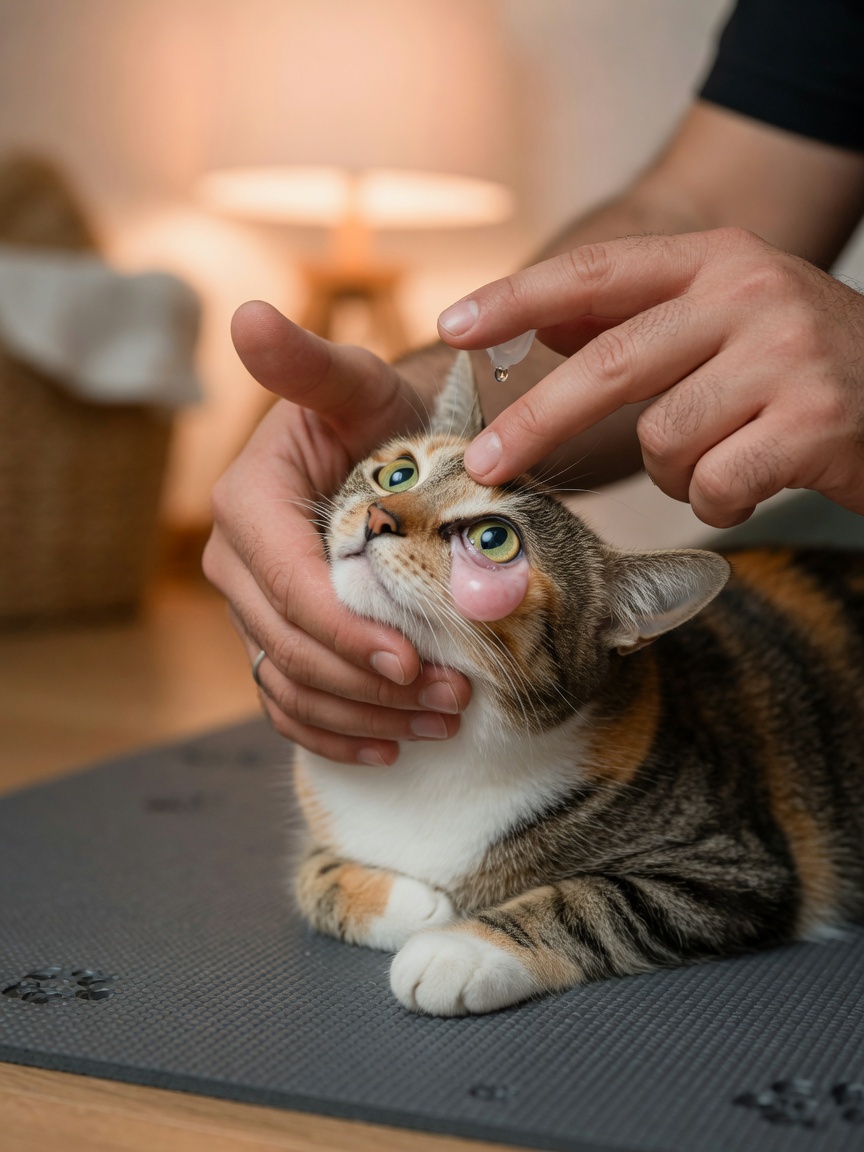 Hands demonstrating proper head tilting and lower lid pocket technique on a cooperative cat