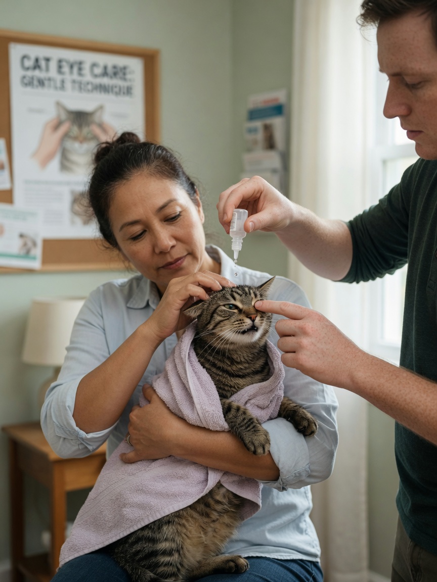 Two-person technique with one person holding a resistant cat while the other applies eye drops