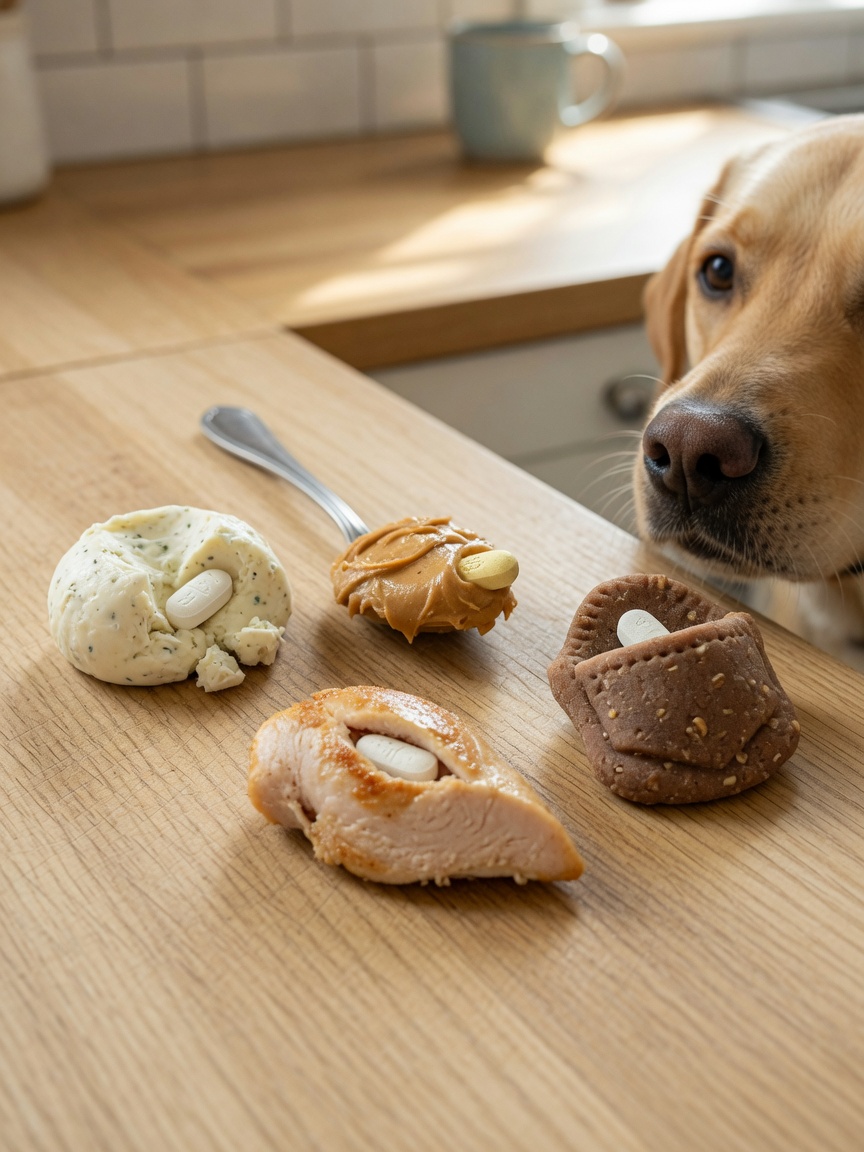 Overhead view of various soft foods suitable for hiding pills, with a dog eagerly approaching from the side