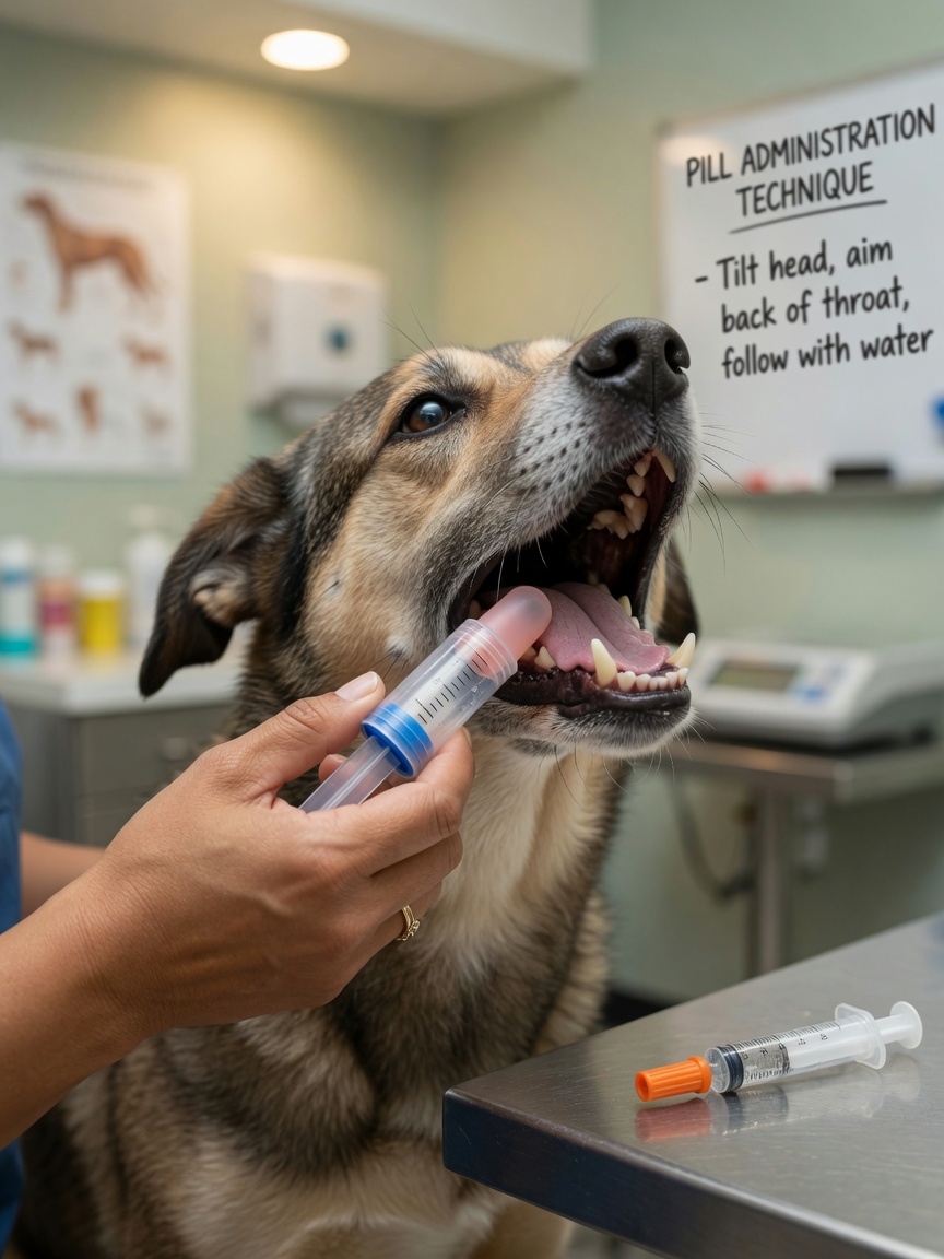 Veterinarian demonstrating proper use of a pill popper device to administer medication to a dog