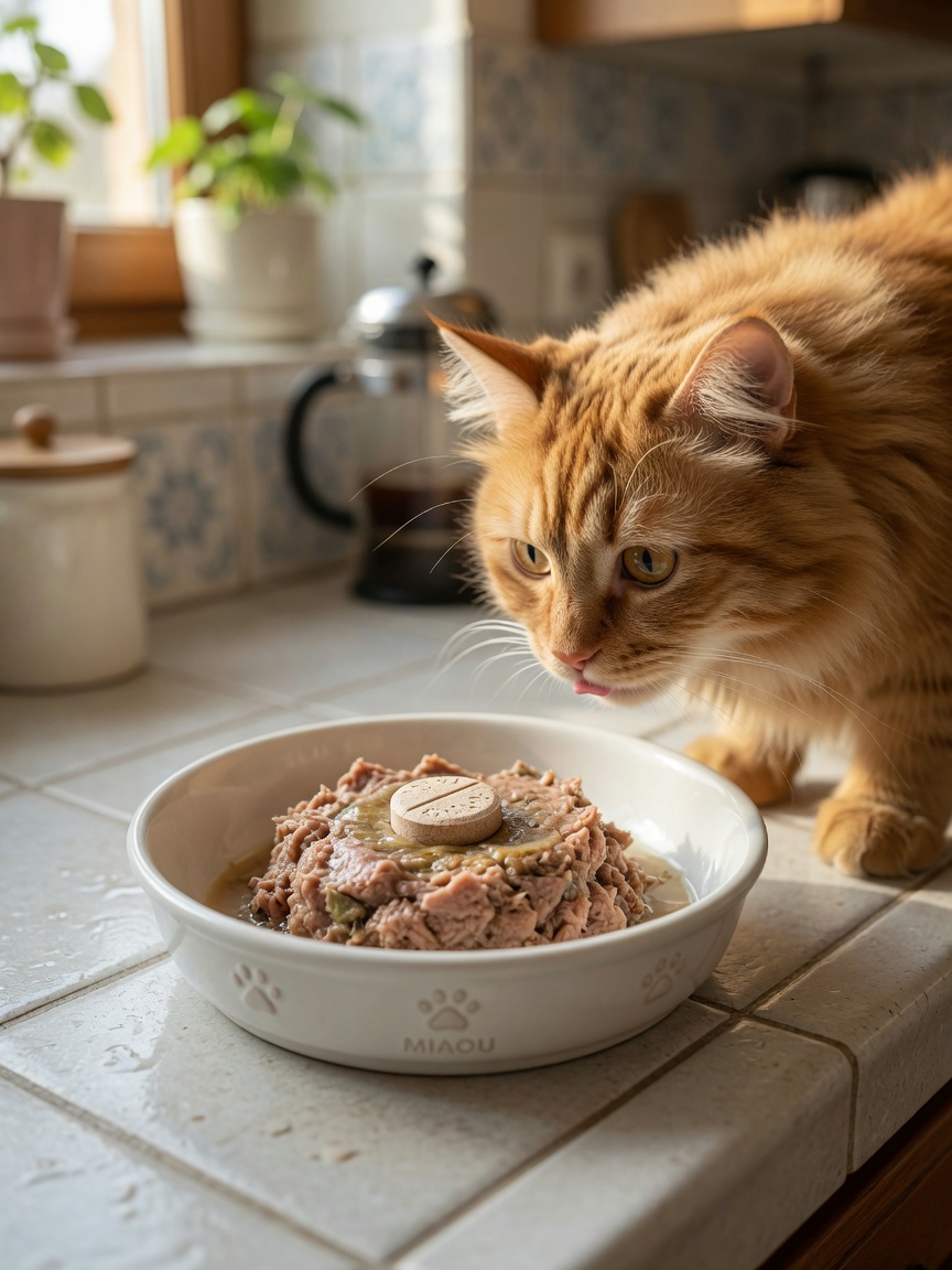 Cat food bowl with tablet hidden in tuna pate, ginger cat about to eat