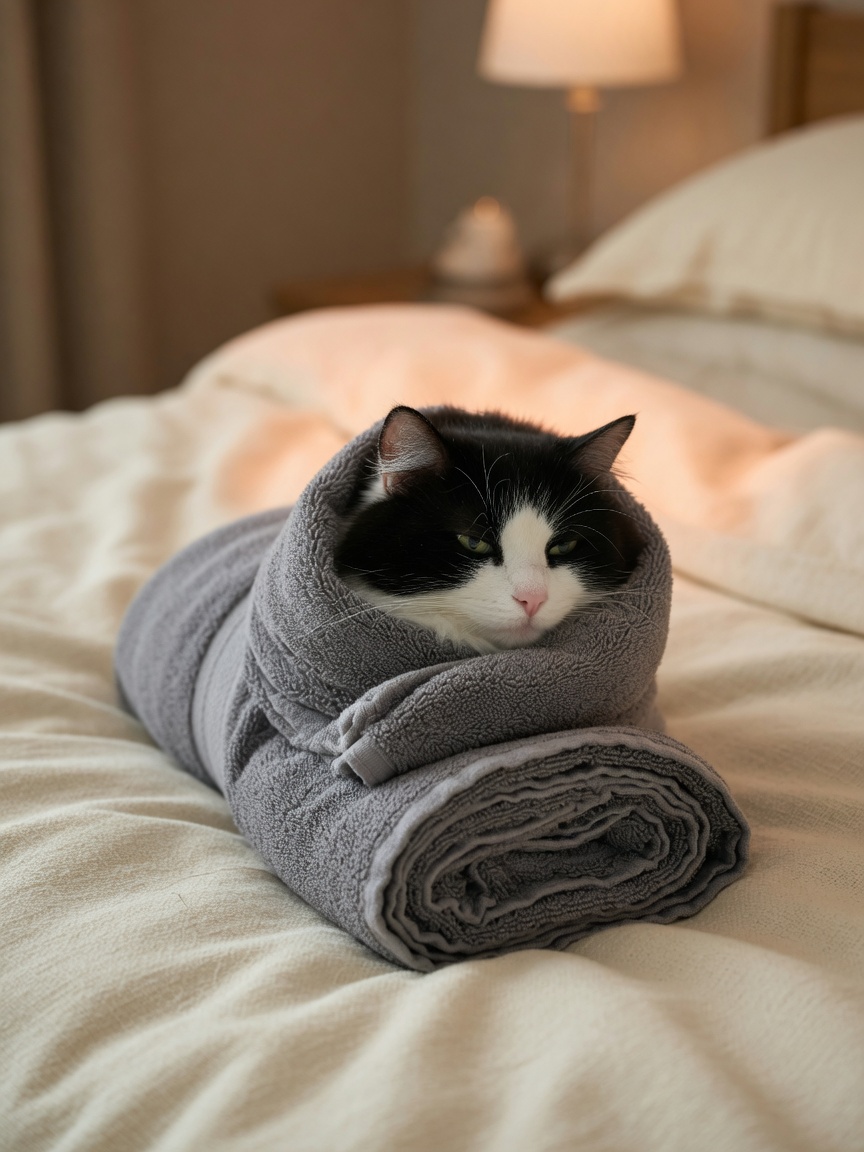 Black and white cat wrapped snugly in a grey towel with only head exposed for medication administration