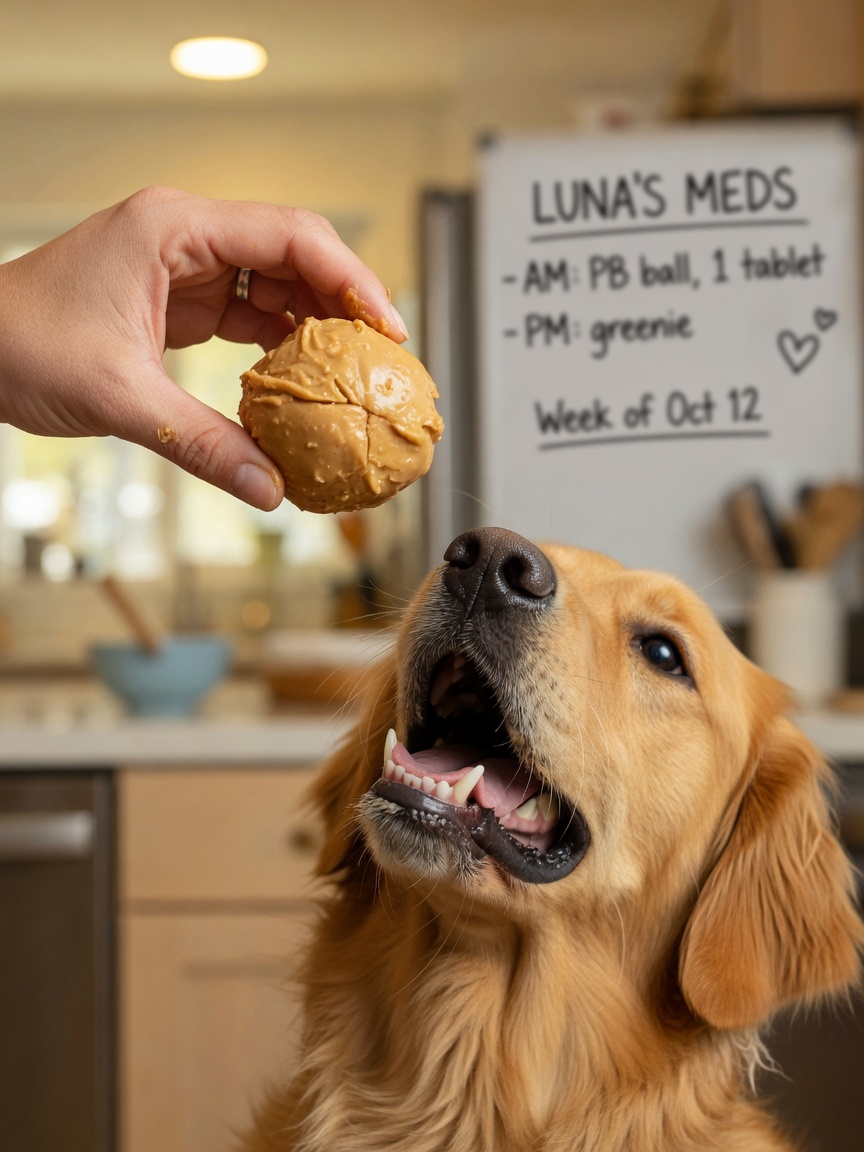 Concealment food method with tablet hidden inside peanut butter ball approaching dog's mouth