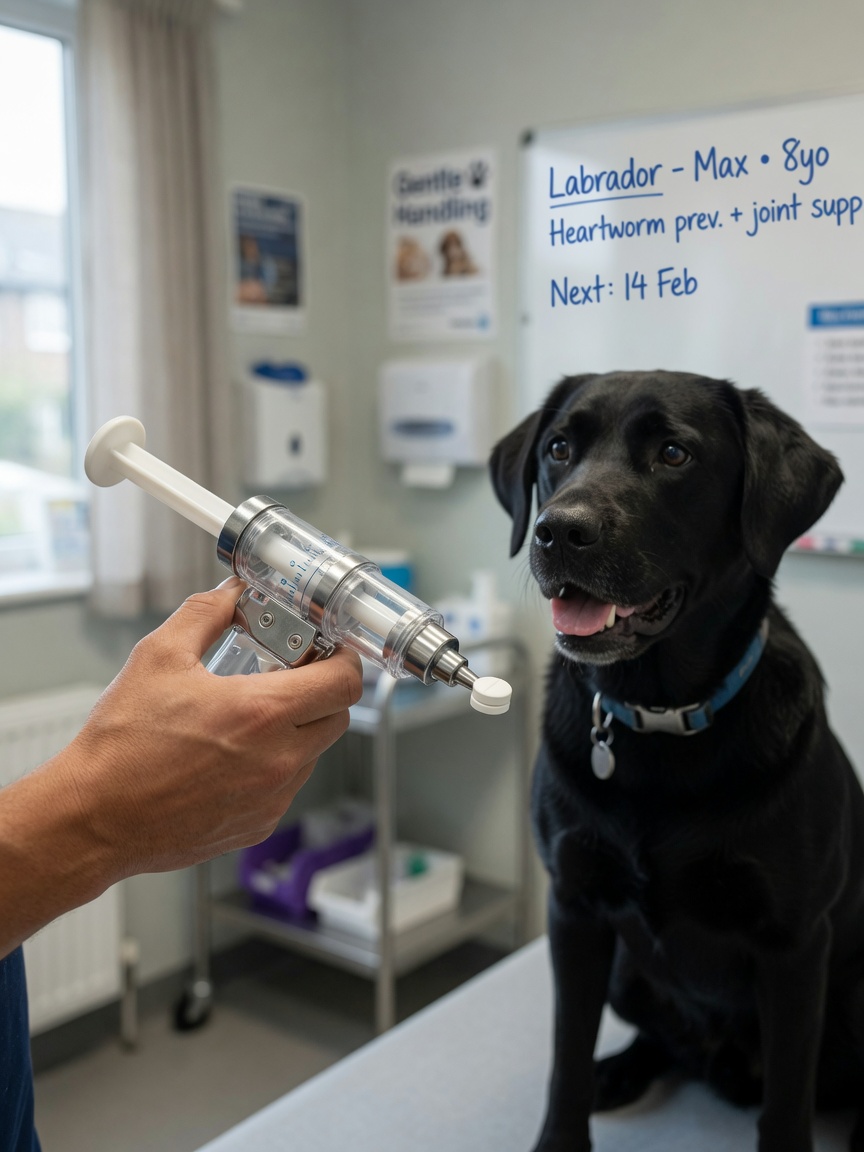 Tablet dispenser device positioned near a calm dog's mouth demonstrating the pill gun technique