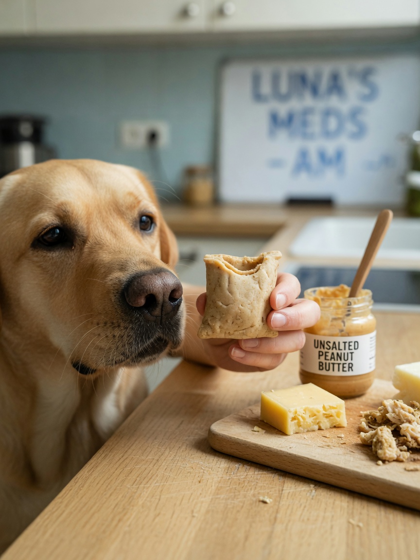 Perro mirando ansiosamente una bolsita de pienso con medicamento oculto sostenida cerca de su nariz