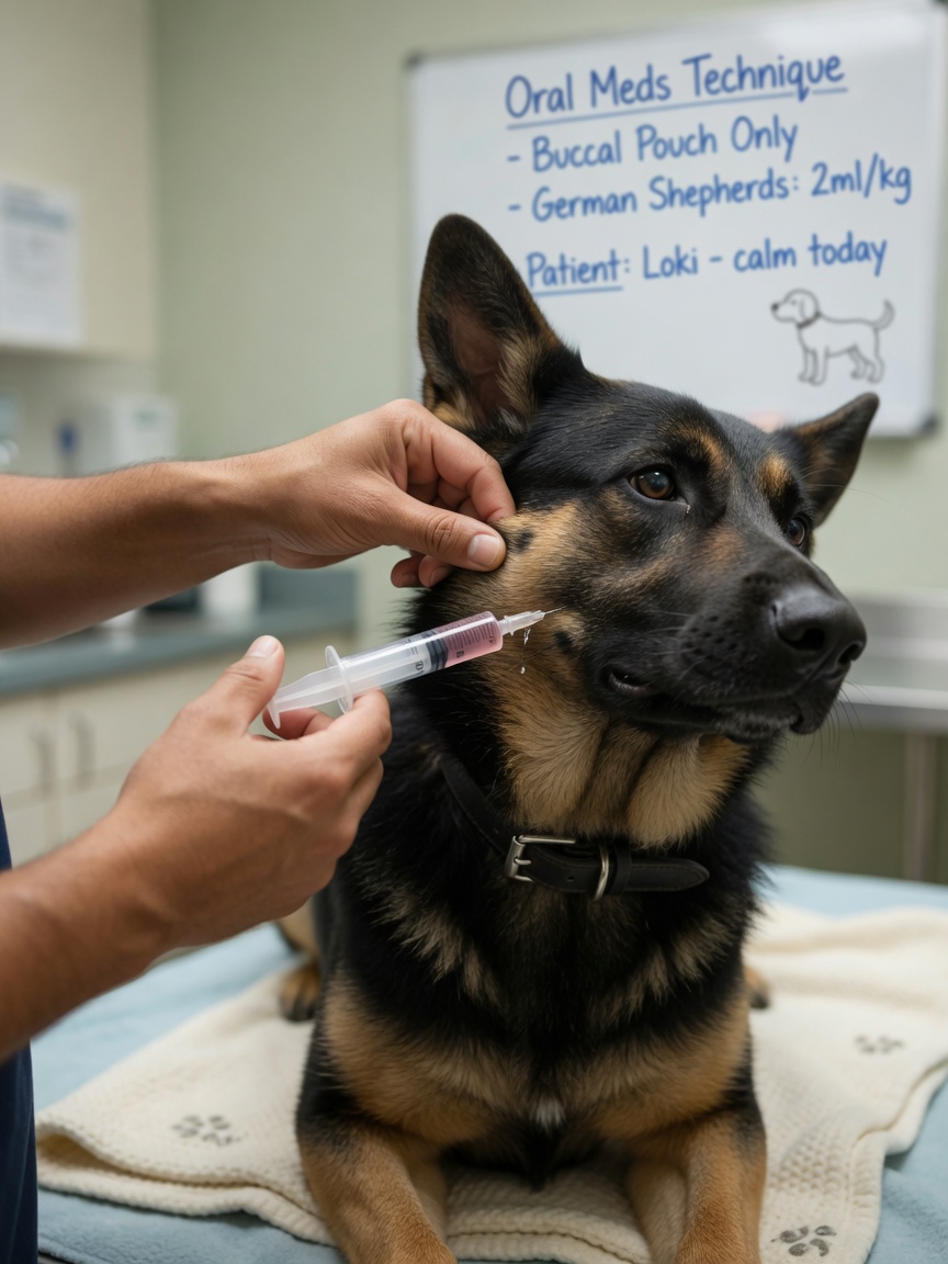Veterinario administrando medicamento líquido mediante jeringa en la boca de un perro tranquilo, posicionado en la mejilla