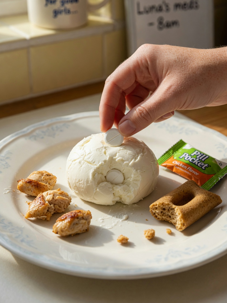 Close-up of a pill hidden in cream cheese surrounded by other treat options on a plate
