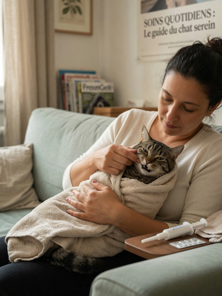 Cat wrapped securely in a towel (purrito) while owner gently administers medication with a pill-popper device