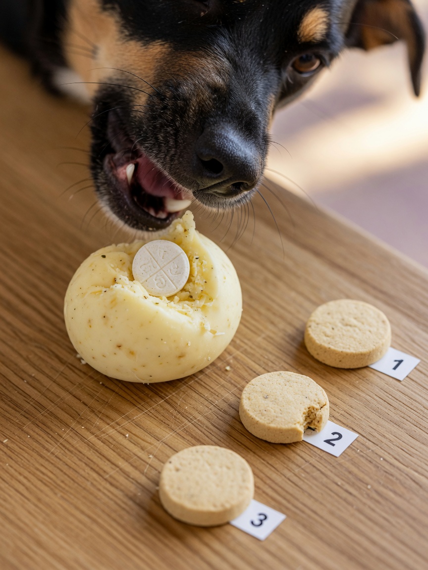 Hund nähert sich einem weichen Käseleckerli mit versteckter Tablette, demonstriert die Drei-Leckerli-Methode