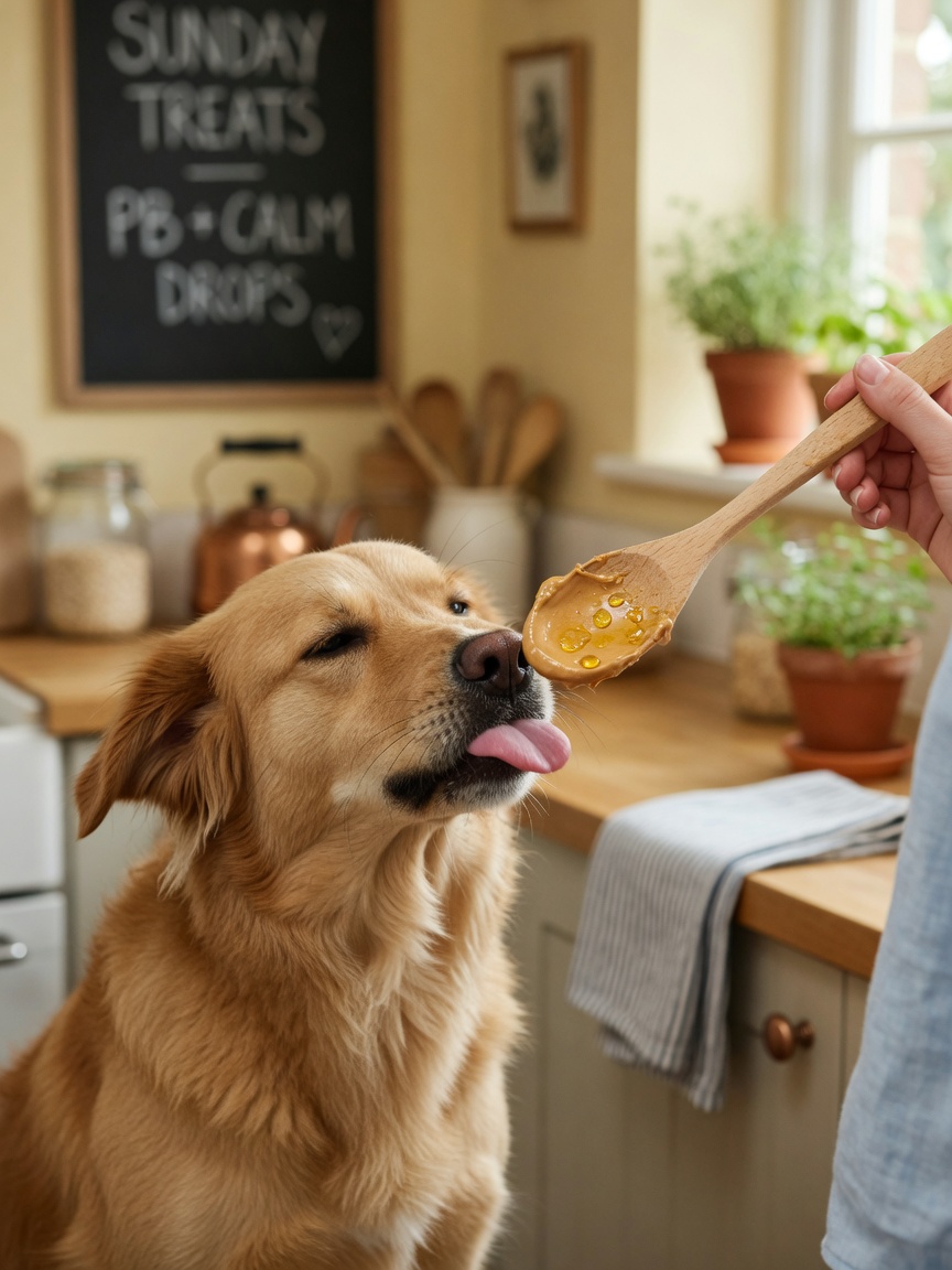 Dog eagerly licking peanut butter mixed with CBD oil from a spoon