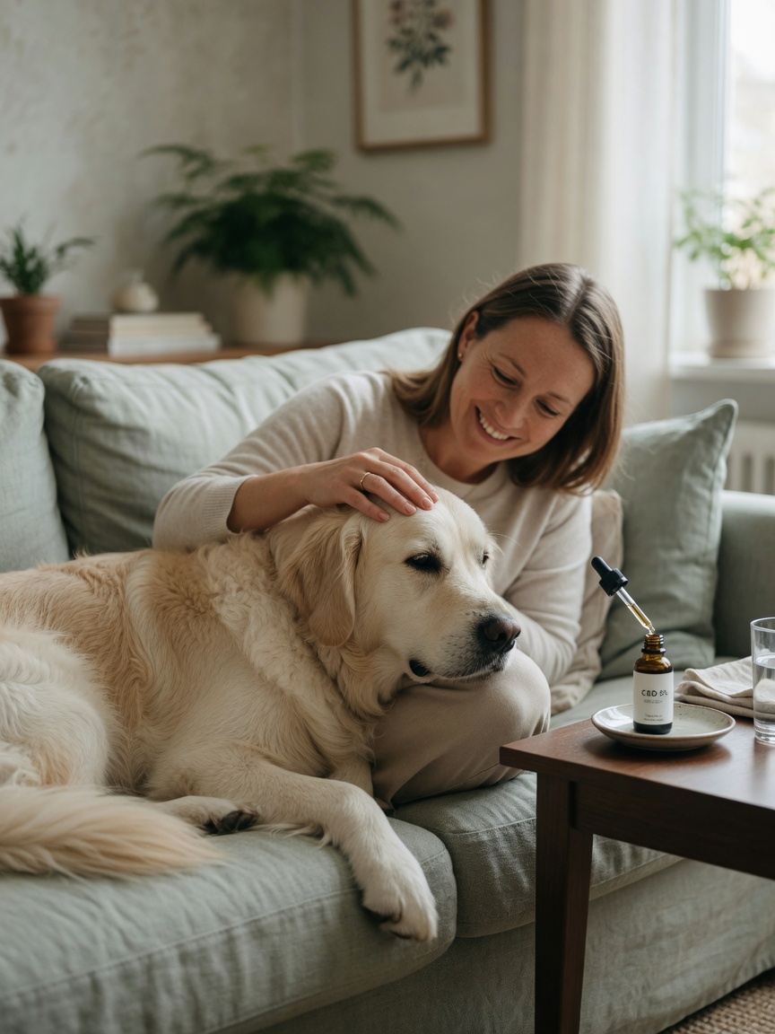 Dog receiving gentle praise and affection from owner during calm routine moment