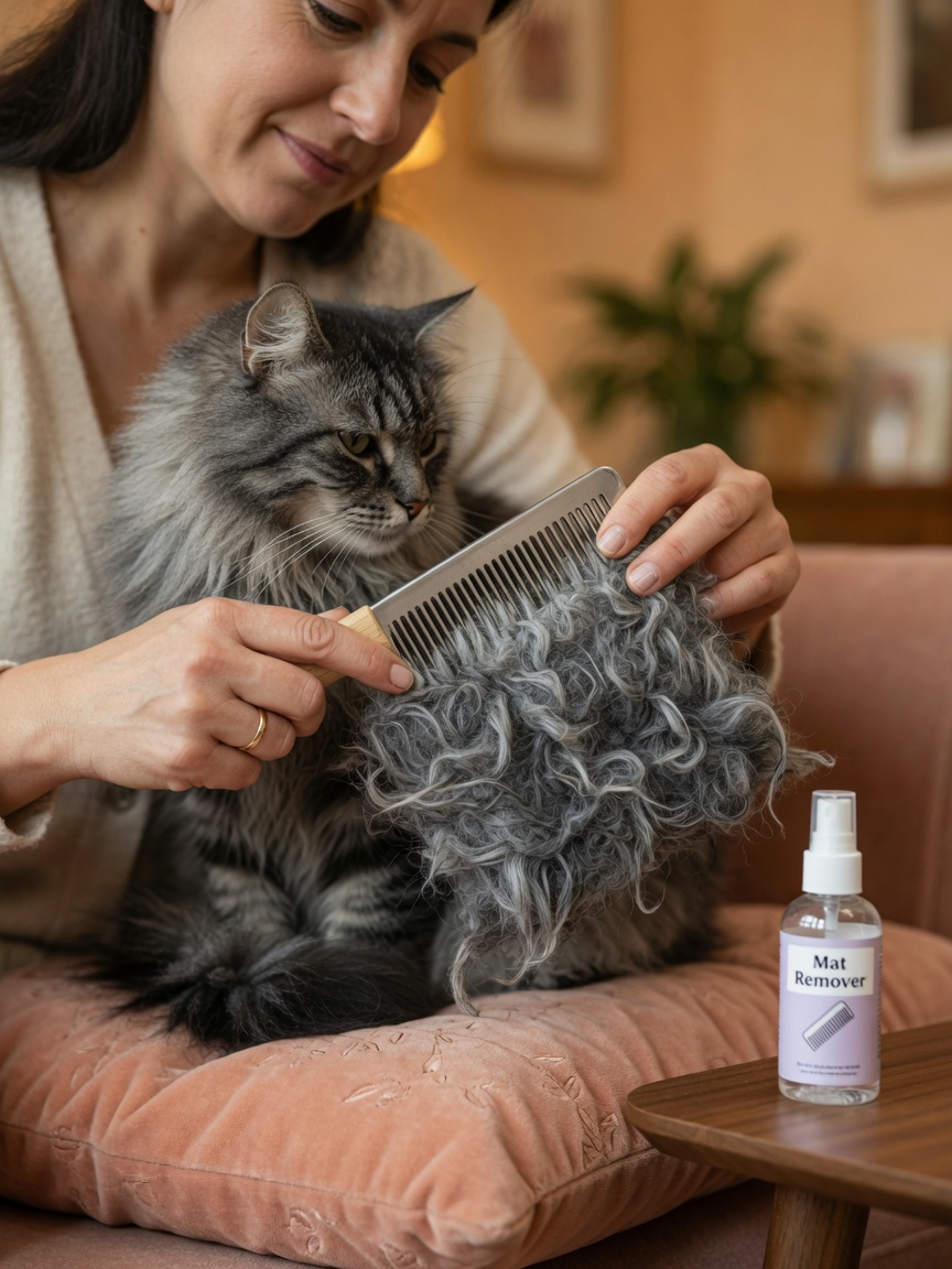 Close-up of gently removing mats from a longhaired cat's coat using a wide-toothed comb