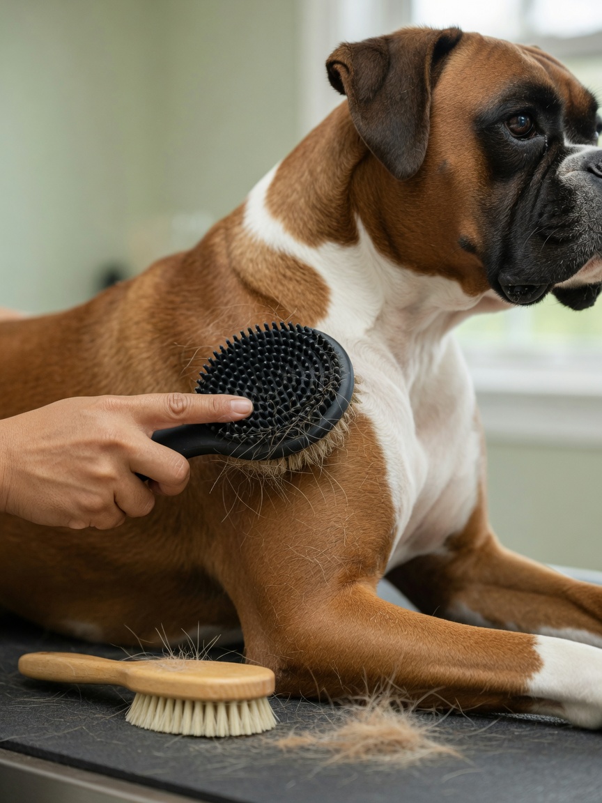 Boxer with short smooth coat being groomed with rubber curry brush showing dead hair removal and healthy shine