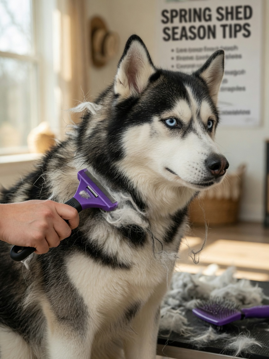Siberian Husky undergoing de-shedding with Furminator tool during seasonal shedding with loose fur visible being removed from double coat