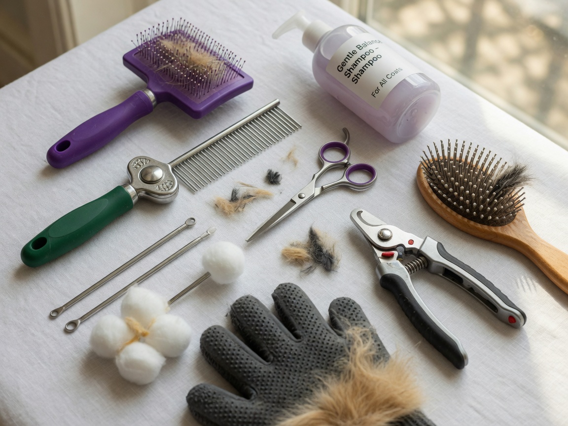 Professional dog grooming tools arranged neatly including slicker brush, dematting comb, scissors, nail clippers, ear cleaner, and grooming mitt on a white surface in natural light.