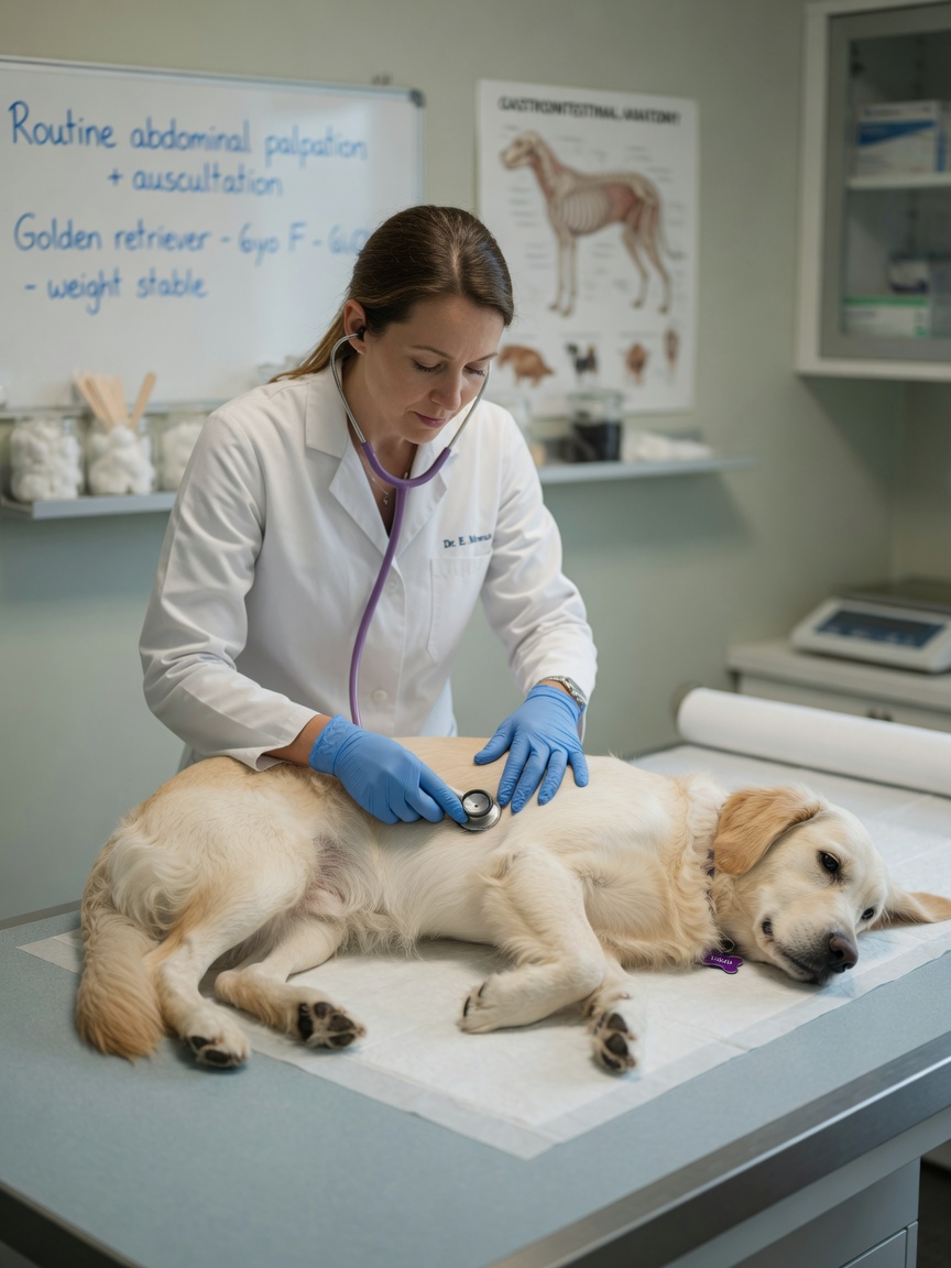 Veterinarian performing a thorough physical examination on a dog during a medical check-up