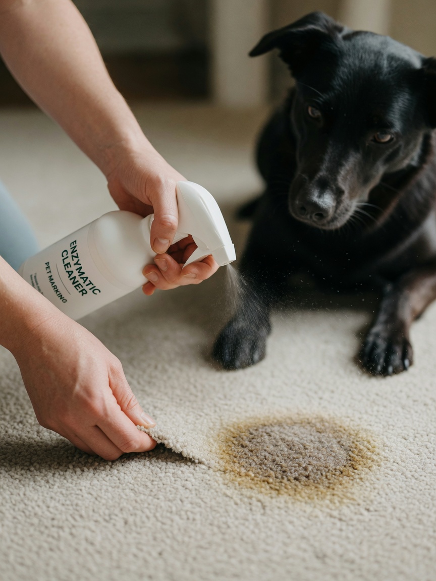 Owner applying enzymatic cleaner to a carpet spot to remove marking scent