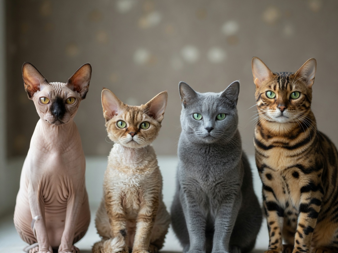 Quatro raças de gatos com menos alergénios: gatos Sphynx, Devon Rex, Azul Russo e Bengal exibidos juntos