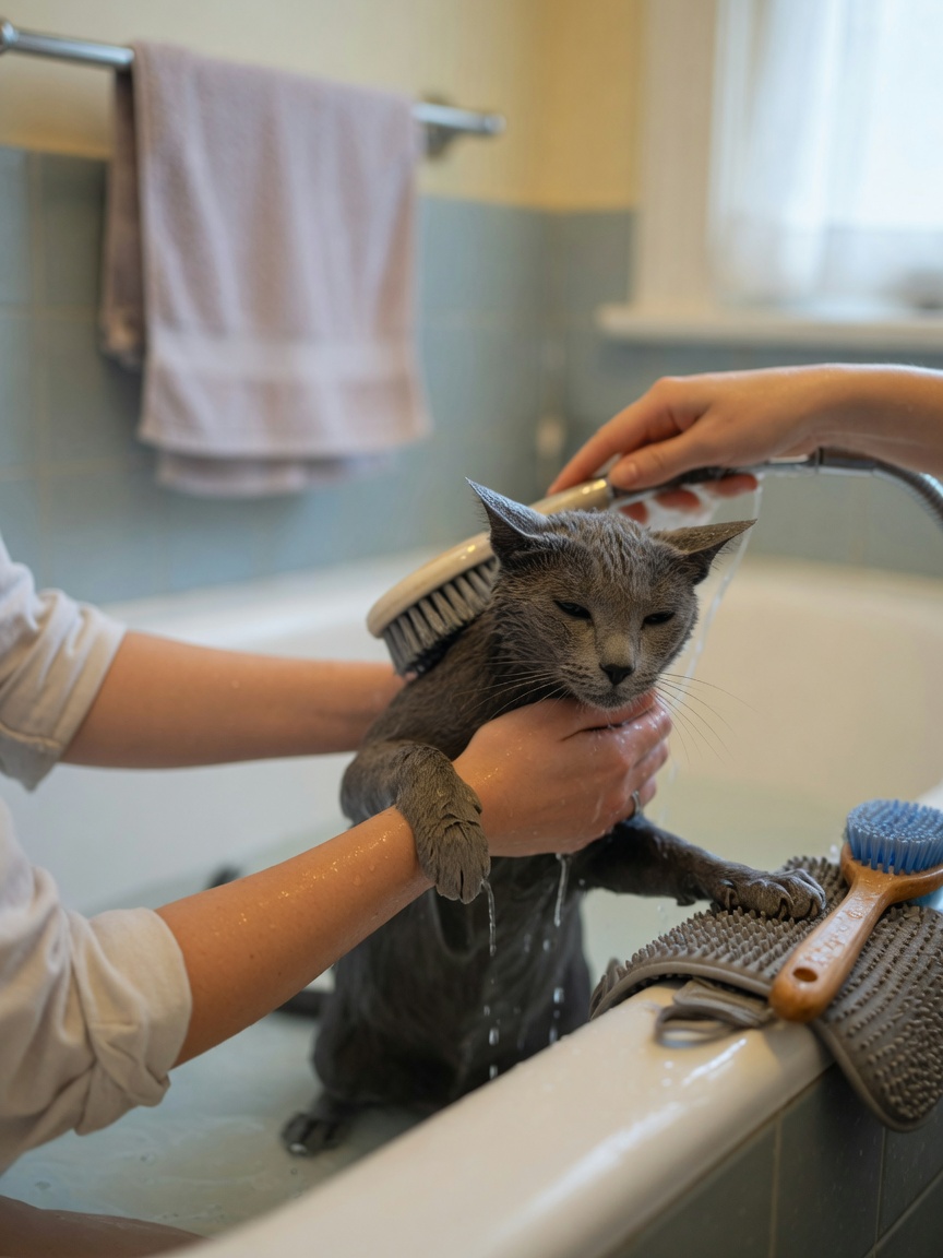 Pessoa a banhar delicadamente um gato Azul Russo numa banheira como parte da rotina de toalete para redução de alergénios