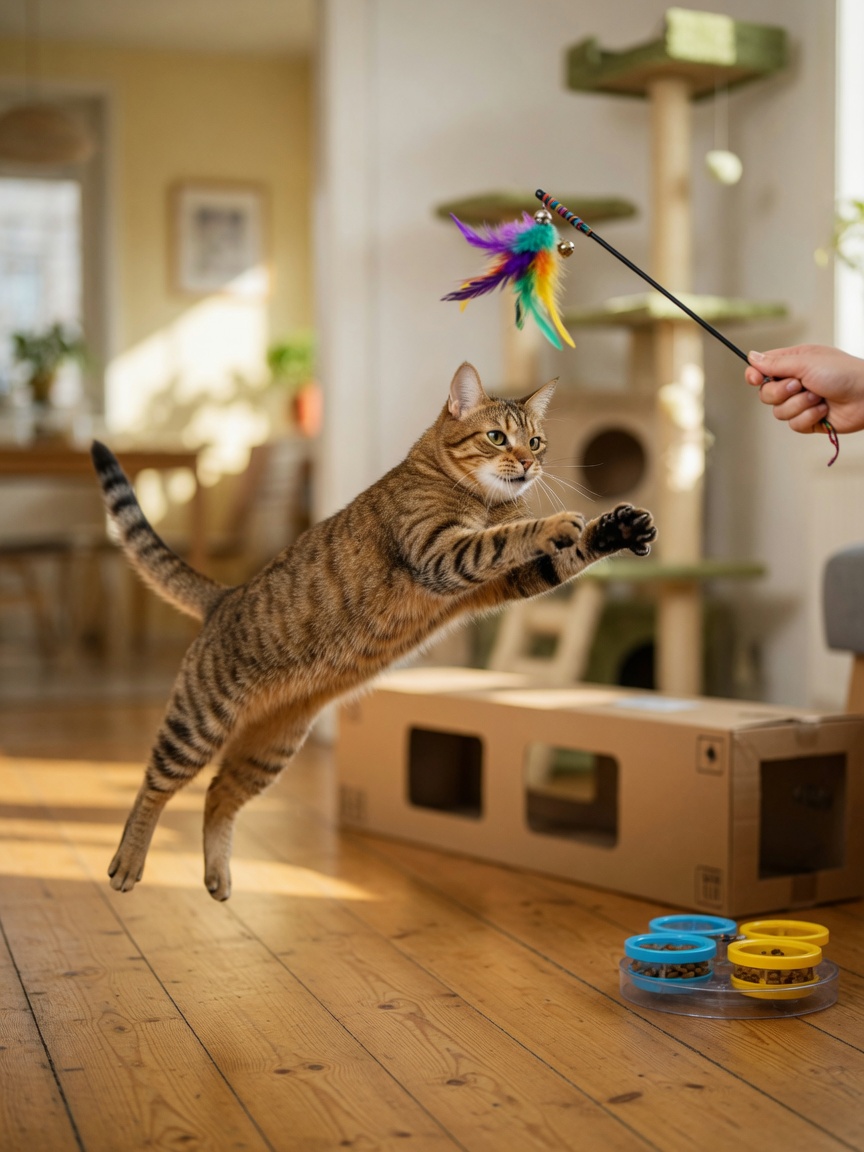 Active tabby cat playing with feather wand toy with cardboard tunnel and cat tree in background