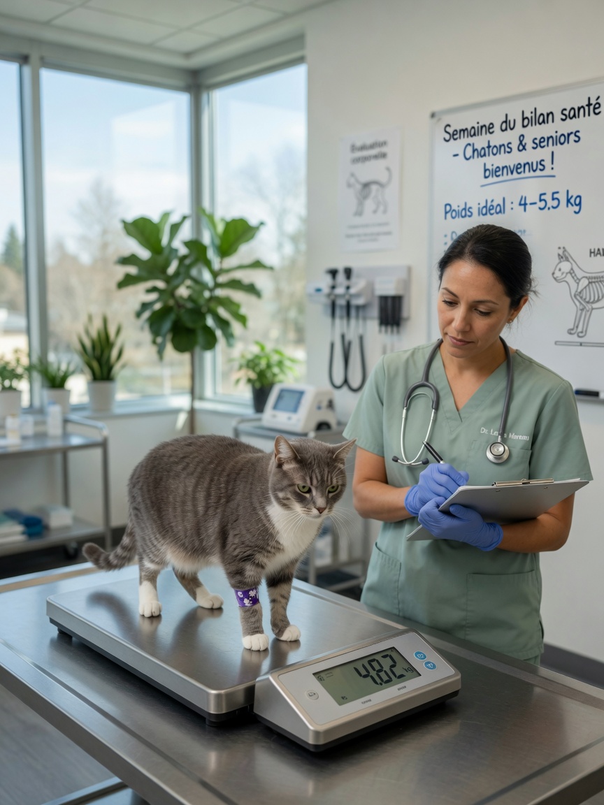 Cat being weighed at veterinary clinic with vet recording progress on clipboard