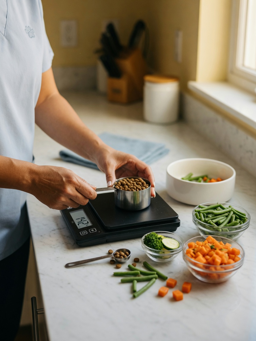 Balance de cuisine mesurant les portions de croquettes pour chiens avec des haricots verts frais et des carottes dans des bols à côté