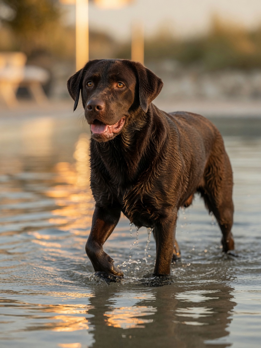 Labrador Retriever chocolat nageant dans une eau peu profonde lors d'une séance de thérapie aquatique à faible impact