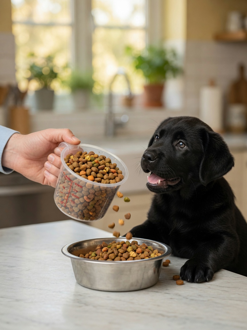 Messebecher mit Welpenfutter und ein aufmerksamer übergewichtiger schwarzer Labrador-Welpe, der von der Küchentheke aus zuschaut