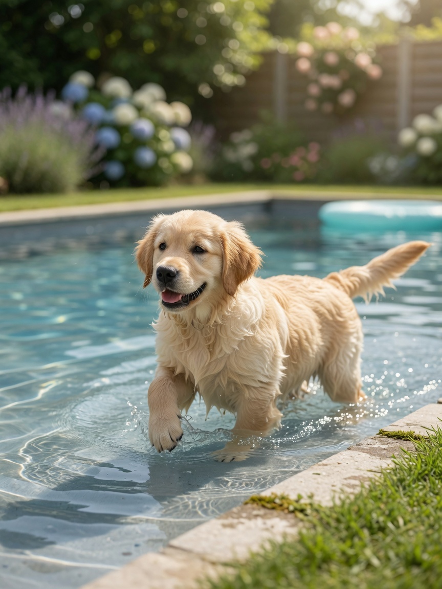 Übergewichtiger Golden-Retriever-Welpe genießt gelenkschonendes Schwimmtraining im ruhigen Wasser