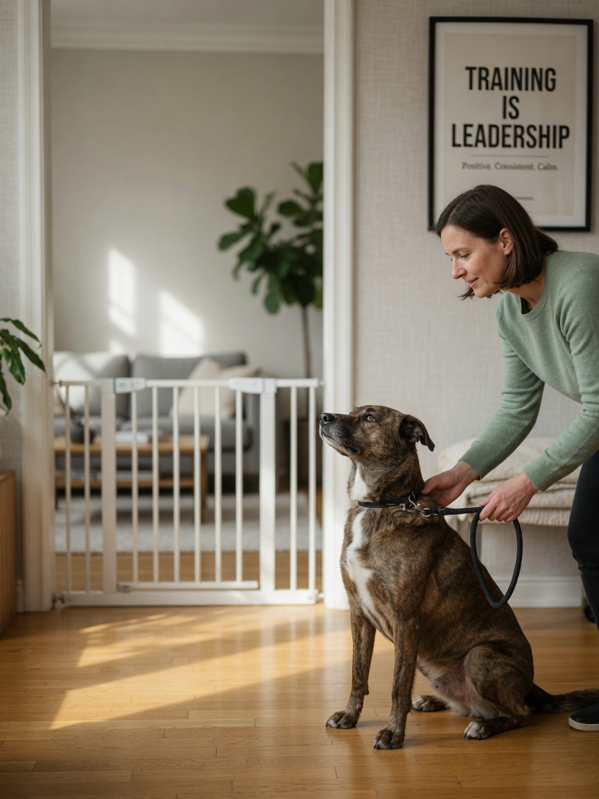 Dog handler demonstrating calm leadership with a dog sitting obediently beside them, with a baby gate visible in the doorway behind them