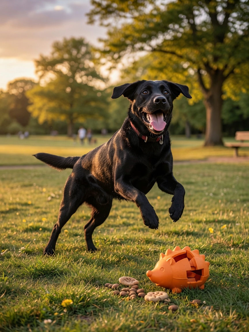Energetic black Labrador Retriever leaping with joy in a park with puzzle toys visible, demonstrating physical exercise and mental stimulation