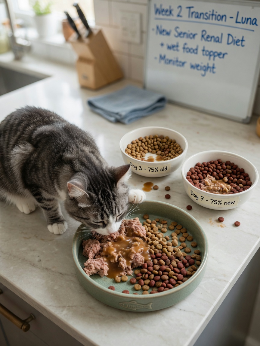 Gato comiendo del cuenco con dieta de transición mostrando cambio gradual de pienso para pérdida de peso